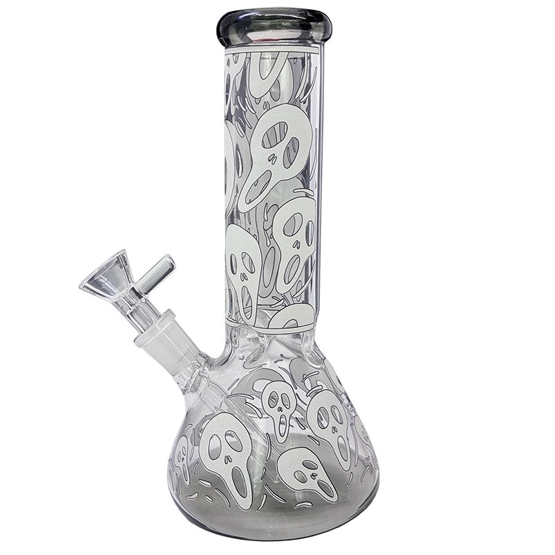 Glass beaker bong with glow-in-the-dark Ghost mask