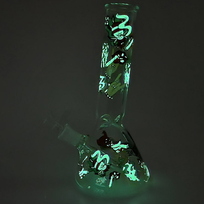 Glass beaker bong with glow-in-the-dark decal prints